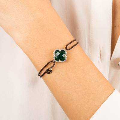 Bracelet Victoria Cordon Chocolat Diamants, Agate Verte & Or Jaune 750, Longueur Ajustable - Morganne Bello