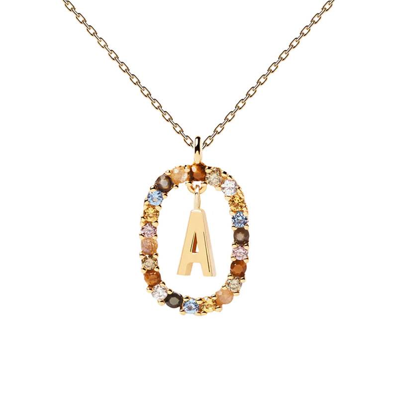 Gold Multicolor Stone Letter Necklace, Length 40 cm to 50 cm - CO01-260-U - Pdpaola
