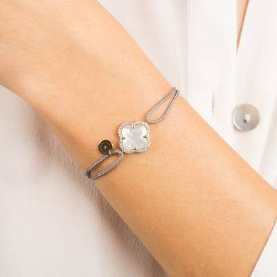 750 Yellow Gold Gray Cord Victoria Bracelet with White Mother-of-Pearl & Diamonds, Adjustable Length - Morganne Bello