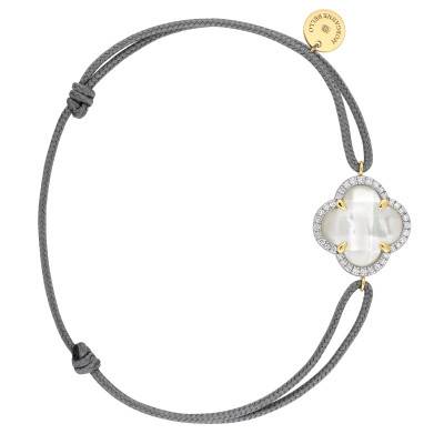 750 Yellow Gold Gray Cord Victoria Bracelet with White Mother-of-Pearl & Diamonds, Adjustable Length - Morganne Bello