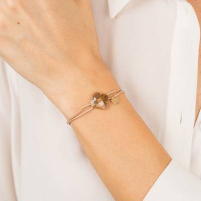 Bracelet Victoria Cordon Beige, Pierre De Soleil & Or Jaune 750, Longueur Ajustable - Morganne Bello