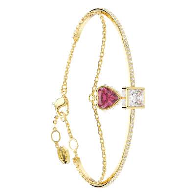 Bracelet Jonc Stilla Cœur Rouge, Métal Doré & Cristaux Blancs et Rouge - 5683835, Longueur Ajustable 17 cm - Swarovski