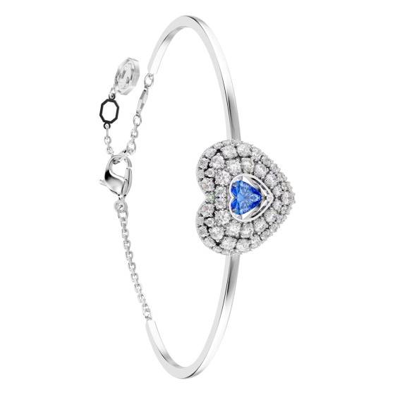 Bracelet Ancien Rigide En Métal Rhodié Couleur Argent Avec Plaque Et Cristaux - Occasion - Modèle 5334