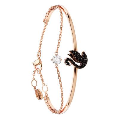 Rose-Tone Metal & Black and White Crystal Iconic Swan Bangle Bracelet, Diameter 5.50 cm or 5.90 cm - 5688248 - Swarovski