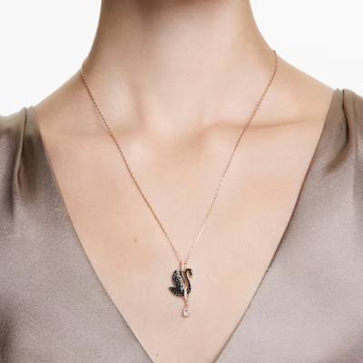 Iconic Swan Rose Gold-Plated Metal & Black and White Crystal Necklace, Length 42 cm to 49 cm - 5678045 - Swarovski