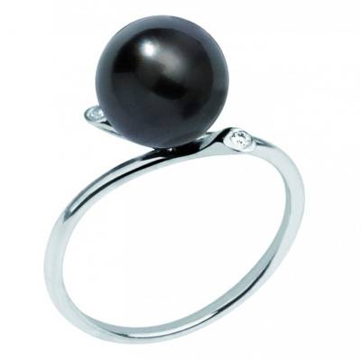 750/1000 White Gold Round Tahitian Pearl & Diamonds 0.02 ct Ring - Négoce-îles