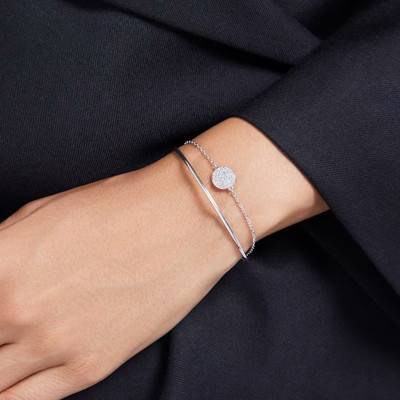 Rhodium-Plated Metal & White Crystal Meteora Bangle Bracelet, Adjustable Length 17 cm - 5683447 - Swarovski