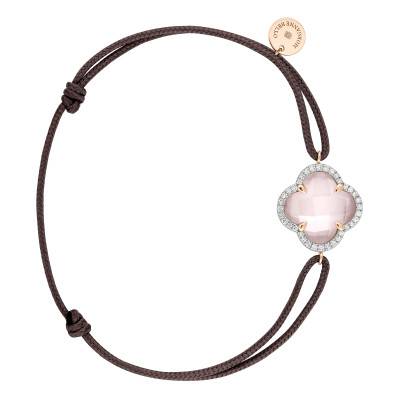 Victoria Taupe Cord 750 Rose Gold, Diamond & Milky Rose Quartz Bracelet, Adjustable - Morganne Bello