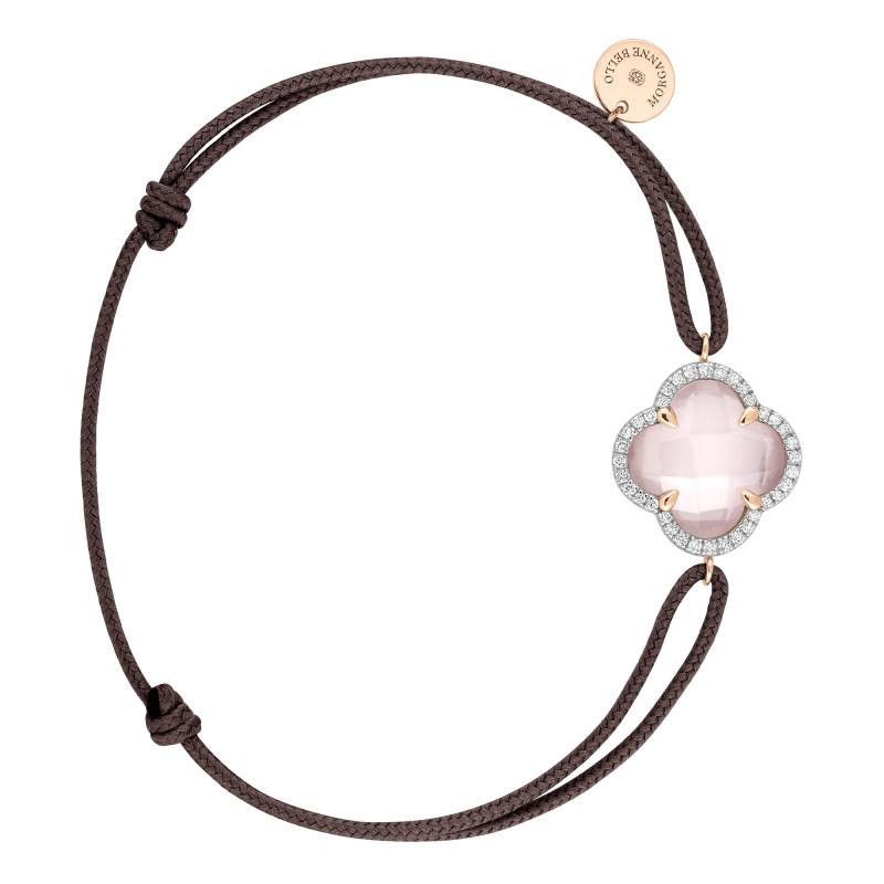 Victoria Taupe Cord 750 Rose Gold, Diamond & Milky Rose Quartz Bracelet, Adjustable - Morganne Bello
