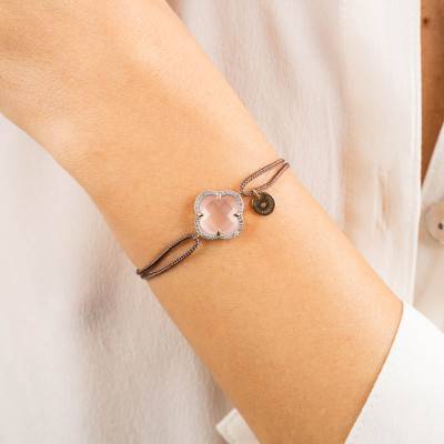 Victoria Taupe Cord 750 Rose Gold, Diamond & Milky Rose Quartz Bracelet, Adjustable - Morganne Bello