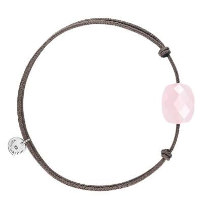 Bracelet Cordon Taupe, Quartz Rose Poudré & Argent 925, Longueur Ajustable - Morganne Bello