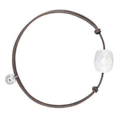 Taupe Cord 925 Silver & White Agate Bracelet, Adjustable Length - Morganne Bello