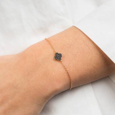 Bracelet Trèfle Diamants Noirs & Or Rose 750, Longueur 17 cm Ajustable - Morganne Bello