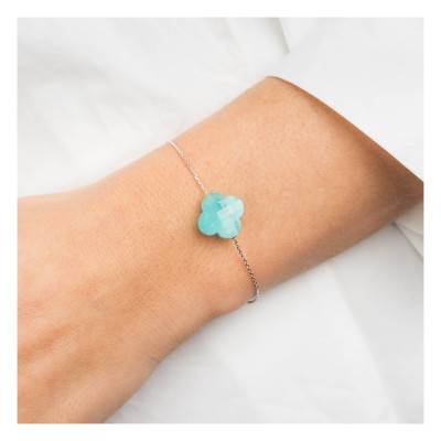 Bracelet Amazonite Trèfle & Or Blanc 750, Longueur 17 cm Ajustable - Morganne Bello