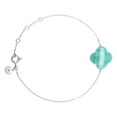 Bracelet Amazonite Trèfle & Or Blanc 750, Longueur 17 cm Ajustable - Morganne Bello
