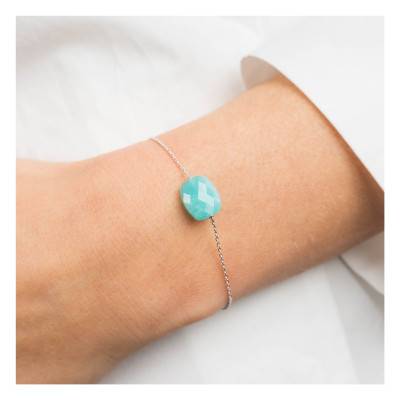 Bracelet Amazonite Coussin & Or Blanc 750, Longueur 17 cm Ajustable - Morganne Bello