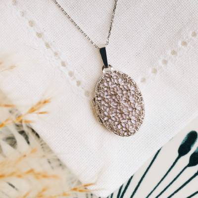 Médaillon Photo Ovale Dentelle Floral en Argent 925 - Vandona