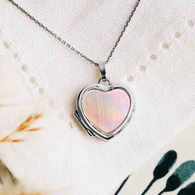 Médaillon Porte Photo Coeur Nacre Rose et Argent 925 - Vandona