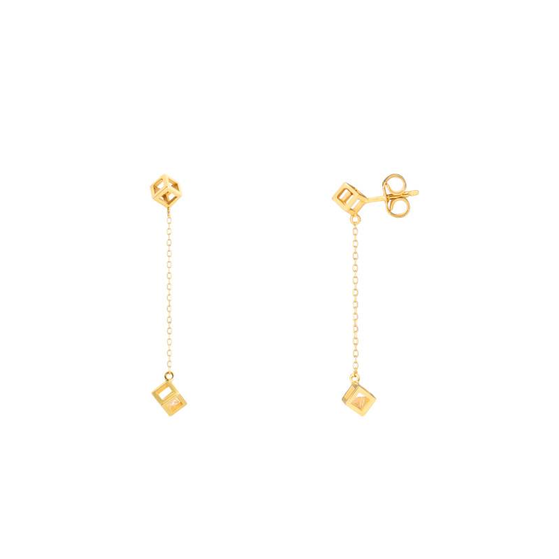 750/1000 Yellow Gold & Diamond 0,20 ct Cube Drop Earrings - Demetra