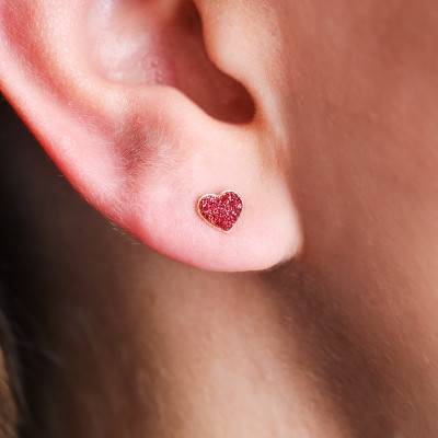 375 Yellow Gold & Lacquer Red Heart Stud Earrings - Bambins