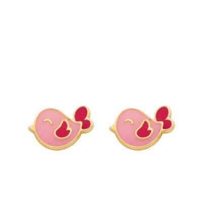 Boucles d'Oreilles Oiseaux Roses Or jaune 375 & Laque - Bambins
