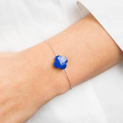 Bracelet Trèfle Lapis Lazuli & Or Blanc 750, Longueur 17 cm Ajustable - Morganne Bello