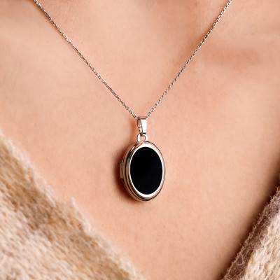 Médaillon Porte Photo Ovale Onyx Noir et Argent 925 - Vandona