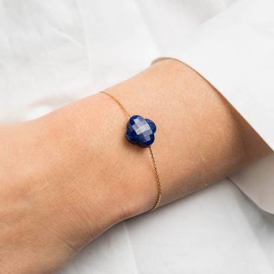 750 Yellow Gold & Lapis Lazuli Clover Bracelet, Adjustable 17 cm - Morganne Bello