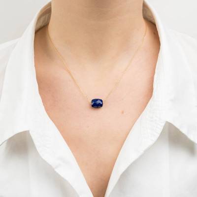750/1000 Yellow Gold & Cushion Lapis Lazuli Necklace, Adjustable Length 42 cm - Morganne Bello