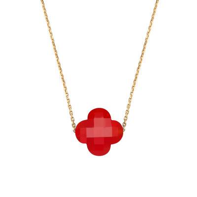 Collier Trèfle Cornaline & Or Jaune 750, Longueur 42 cm Ajustable - Morganne Bello