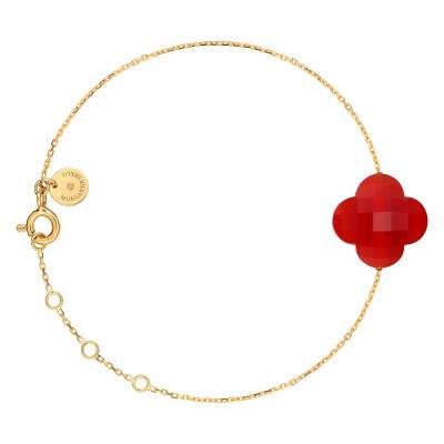 Bracelet Trèfle Cornaline & Or Jaune 750, Longueur 17 cm Ajustable - Morganne Bello