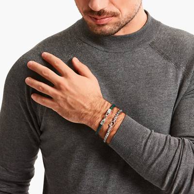 Green Leather & 925 Silver Rebel Basics Bracelet, Length 17 cm to 21 cm, Width 5 mm - A2149-682-6 - Thomas Sabo