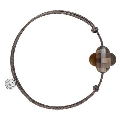 925 Silver Taupe Cord Clover & Smoked Quartz Bracelet, Adjustable Length - Morganne Bello