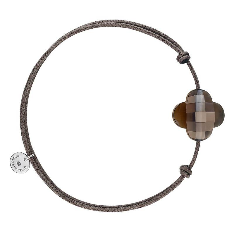 925 Silver Taupe Cord Clover & Smoked Quartz Bracelet, Adjustable Length - Morganne Bello