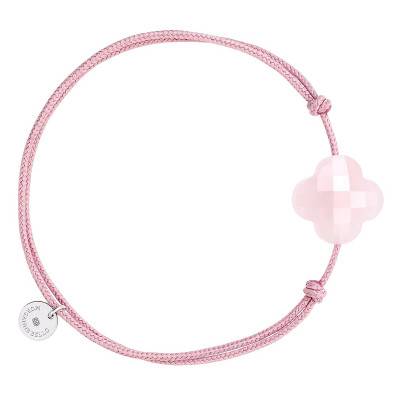 925 Silver Dusty Pink Cord Clover & Pink Quartz Bracelet, Adjustable Length - Morganne Bello