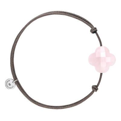 Bracelet Cordon Taupe Trèfle Quartz Rose & Argent 925, Longueur Ajustable - Morganne Bello