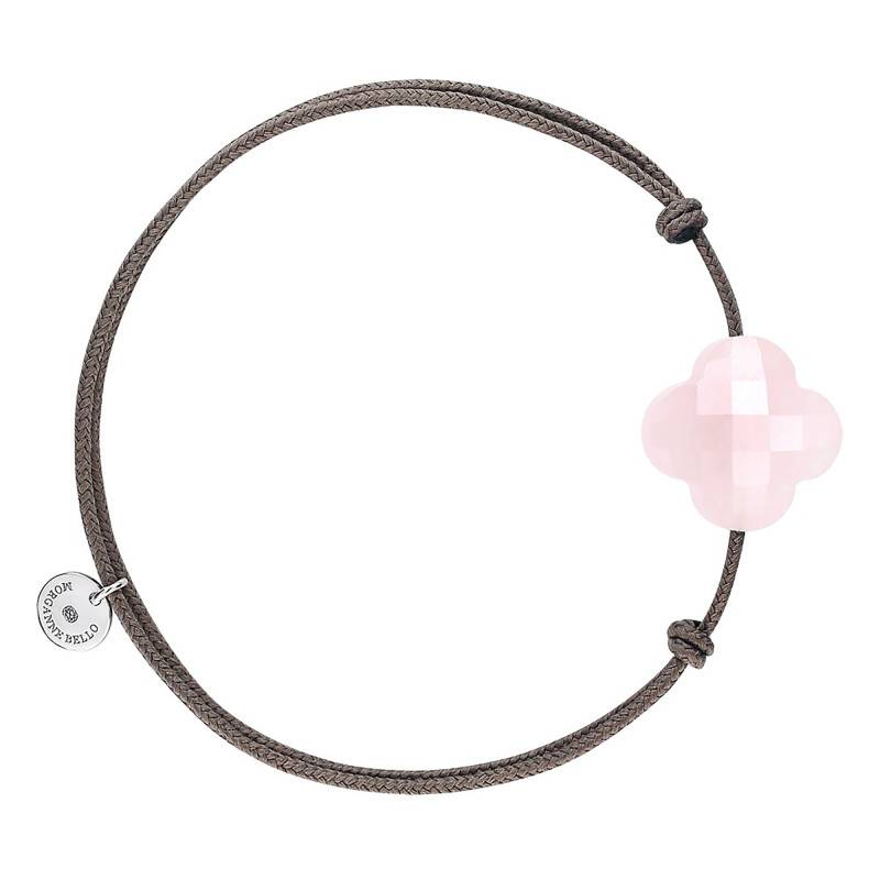 Taupe Clover Cord 925 Silver & Pink Quartz Bracelet, Adjustable Length - Morganne Bello