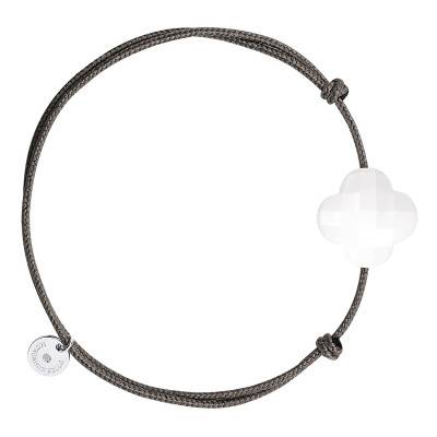 Bracelet Cordon Taupe Trèfle Agate Blanche & Argent 925, Longueur Ajustable - Morganne Bello
