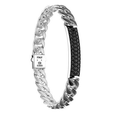 Bracelet Cubane Cubaine Striée Spinelles Noirs & Argent 925, Longueur 19 cm à 21 cm - Largeur 10,00 mm - ESB050 - Zancan