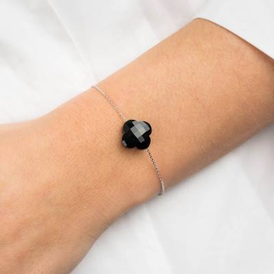 Bracelet Onyx Noir Trèfle & Or Blanc 750, Longueur 17 cm - Morganne Bello