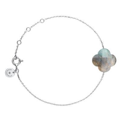 Bracelet Labradorite Trèfle & Or Blanc 750, Longueur 17 cm - Morganne Bello