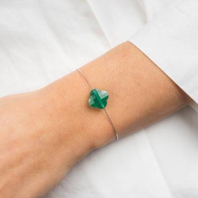 Bracelet Agate Verte Trèfle & Or Blanc 750, Longueur 17 cm - Morganne Bello