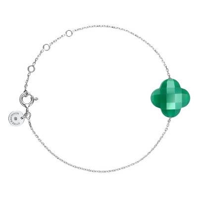 Bracelet Agate Verte Trèfle & Or Blanc 750, Longueur 17 cm - Morganne Bello