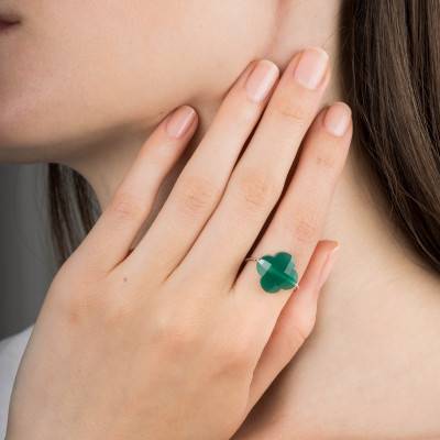 Bague Agate Verte Trèfle & Or Blanc 750 - Morganne Bello