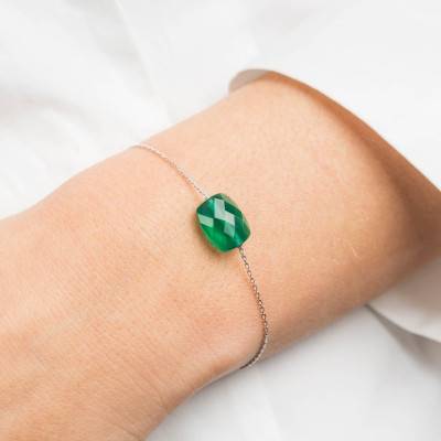 Bracelet Agate Verte Coussin & Or Blanc 750, Longueur 17 cm - Morganne Bello