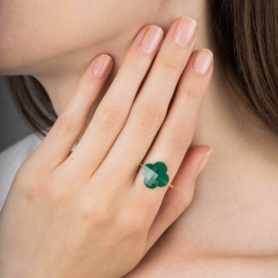 Bague Agate Verte Trèfle & Or Jaune 750 - Morganne Bello