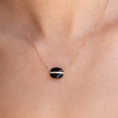 Collier Aurore Diamants, Onyx Noir & Or Rose 750, Longueur 42 cm Ajustable - Morganne Bello