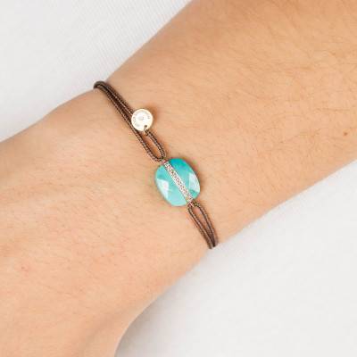 Bracelet Aurore Cordon Taupe, Diamants, Turquoise & Or Jaune 750, Longueur Ajustable - Morganne Bello