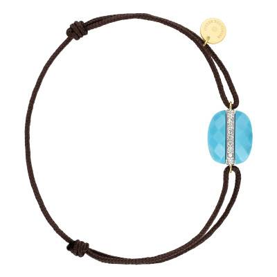 750/1000 Yellow Gold Taupe Cord Aurore Bracelet with Diamonds and Turquoise, Adjustable Length - Morganne Bello