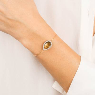 750/1000 Yellow Gold Alma Bracelet with Olive Quartz and Diamonds, 17 cm Length - Morganne Bello